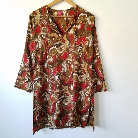 RAJ 100%Silk Paisley Neck Tie Longsleeve Tunic Mini Dress M - Picture 1 of 9